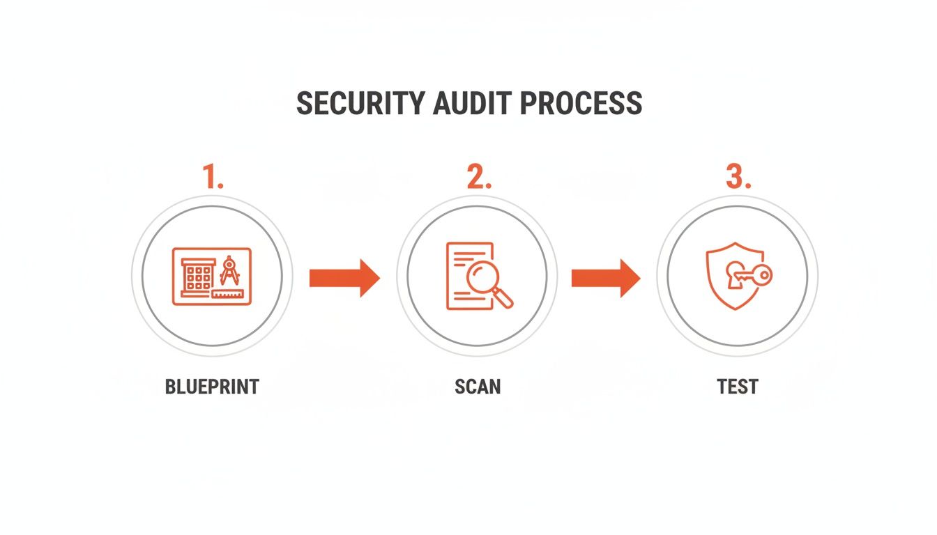 Infographic showing a three-step security audit process: Blueprint, Scan, and Test.