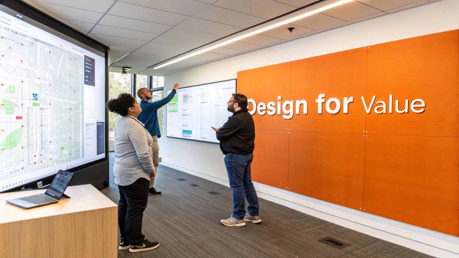Three colleagues collaborate in a modern office, discussing data on large digital screens, with a “Design for Value” wall.