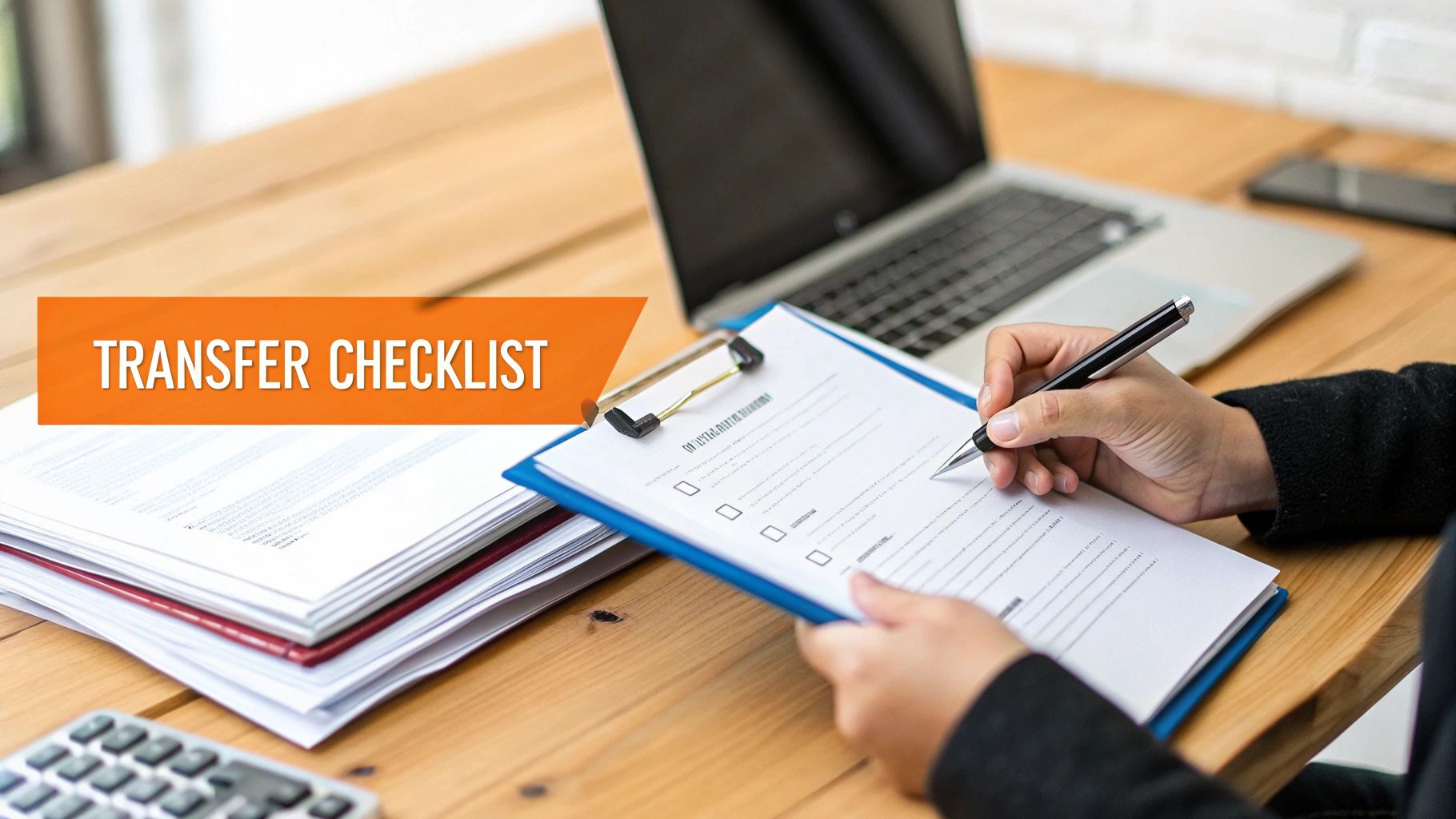 A person fills out a 'Transfer Checklist' on a clipboard with a pen at a wooden desk.
