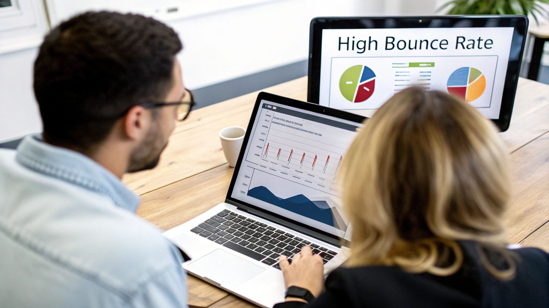 Two people analyze 'High Bounce Rate' data on a laptop and tablet, working on digital marketing analytics.