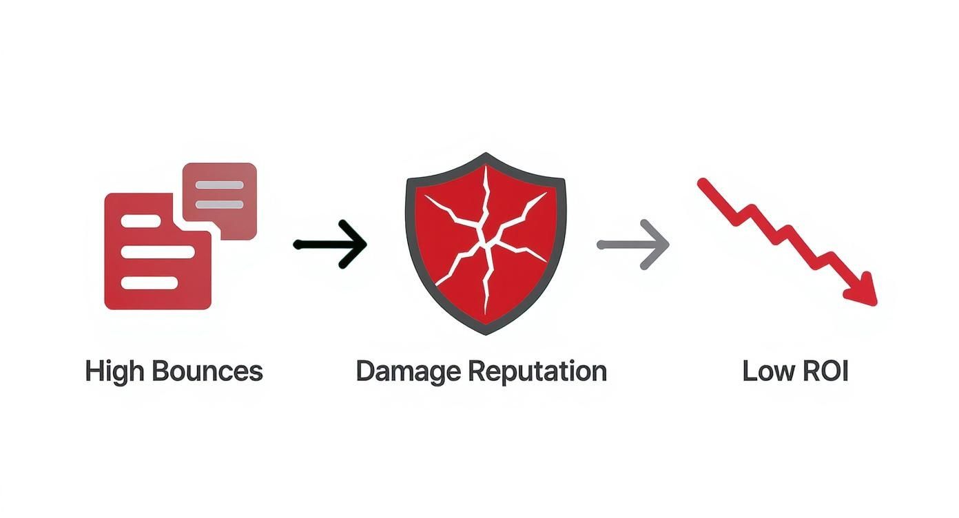 Diagram illustrating how high email bounces lead to damaged reputation and low return on investment.