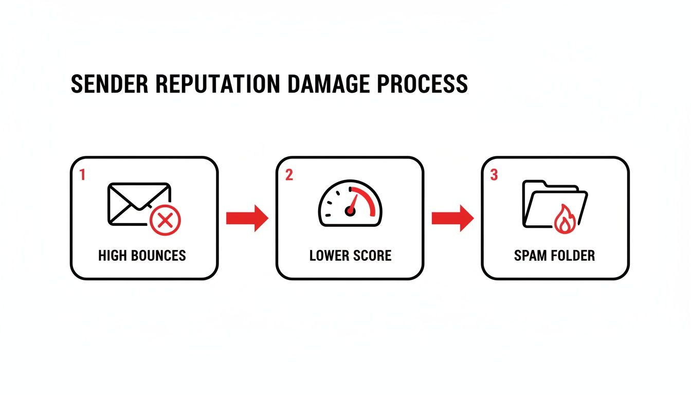 Diagram showing the sender reputation damage process: high email bounces lead to a lower score and spam folder delivery.