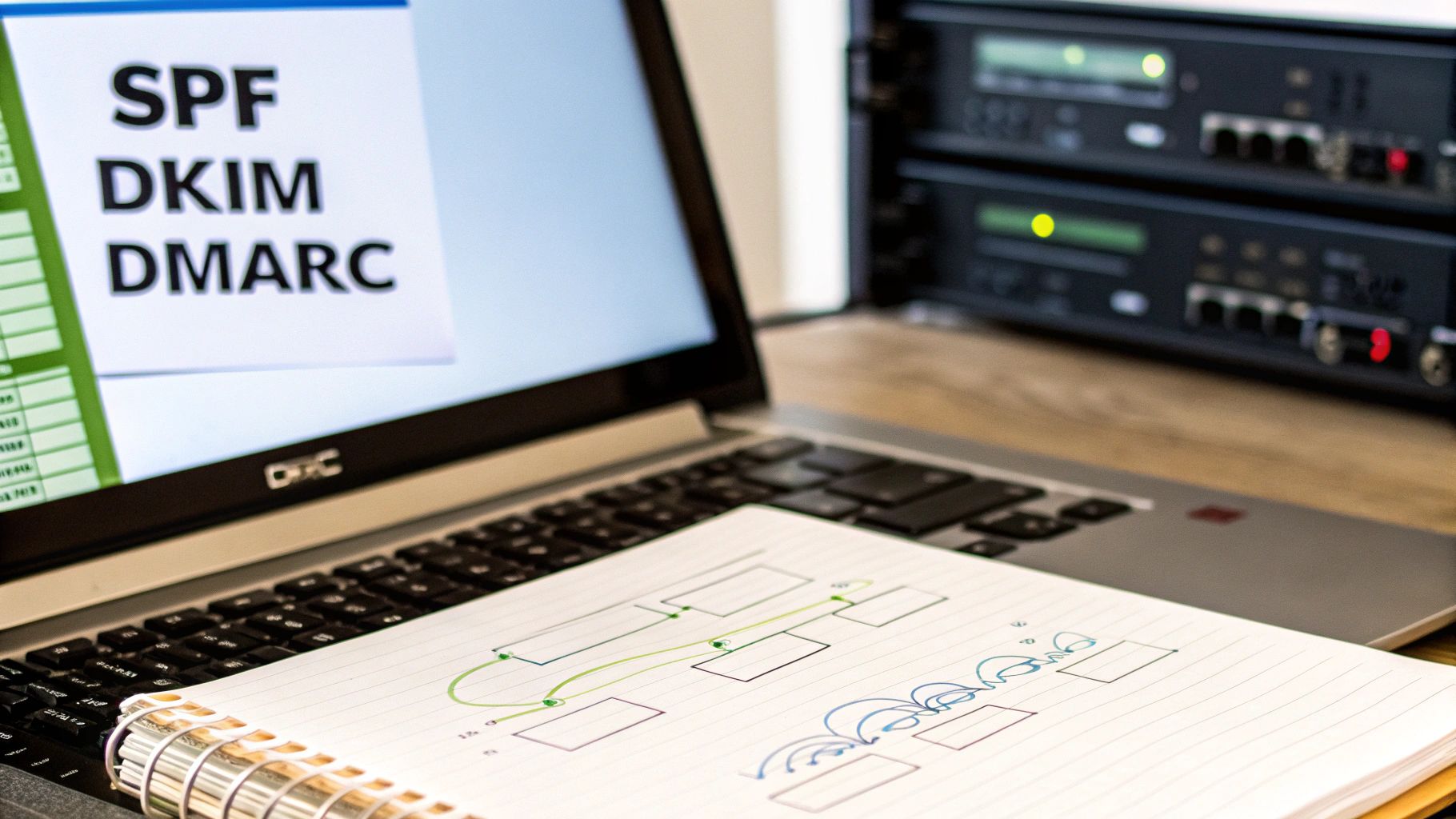 A laptop displaying SPF, DKIM, DMARC protocols, a notebook with diagrams, and network equipment.