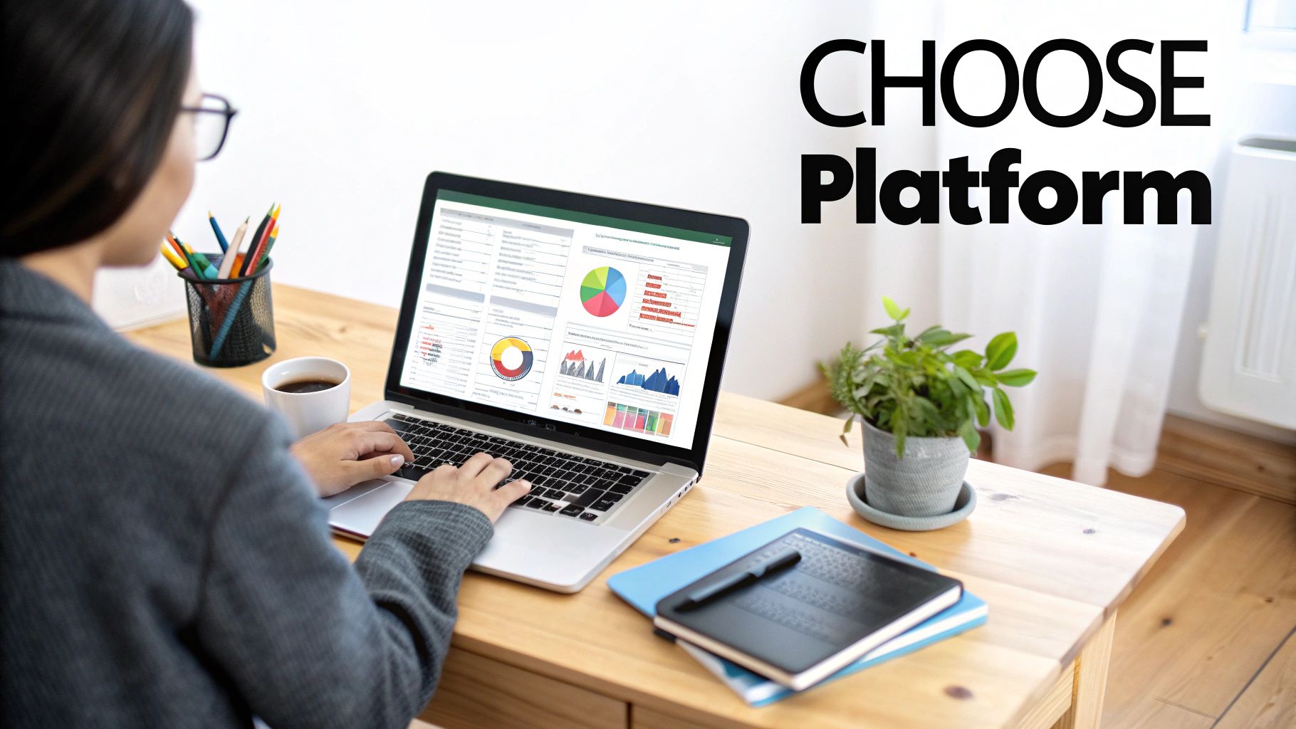 A person works on a laptop displaying data visualizations, charts, and business metrics.