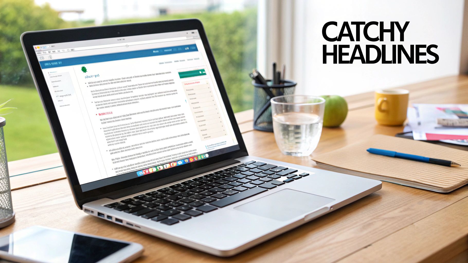 A woman writing on a laptop, focused on crafting compelling headlines to improve click through rates.