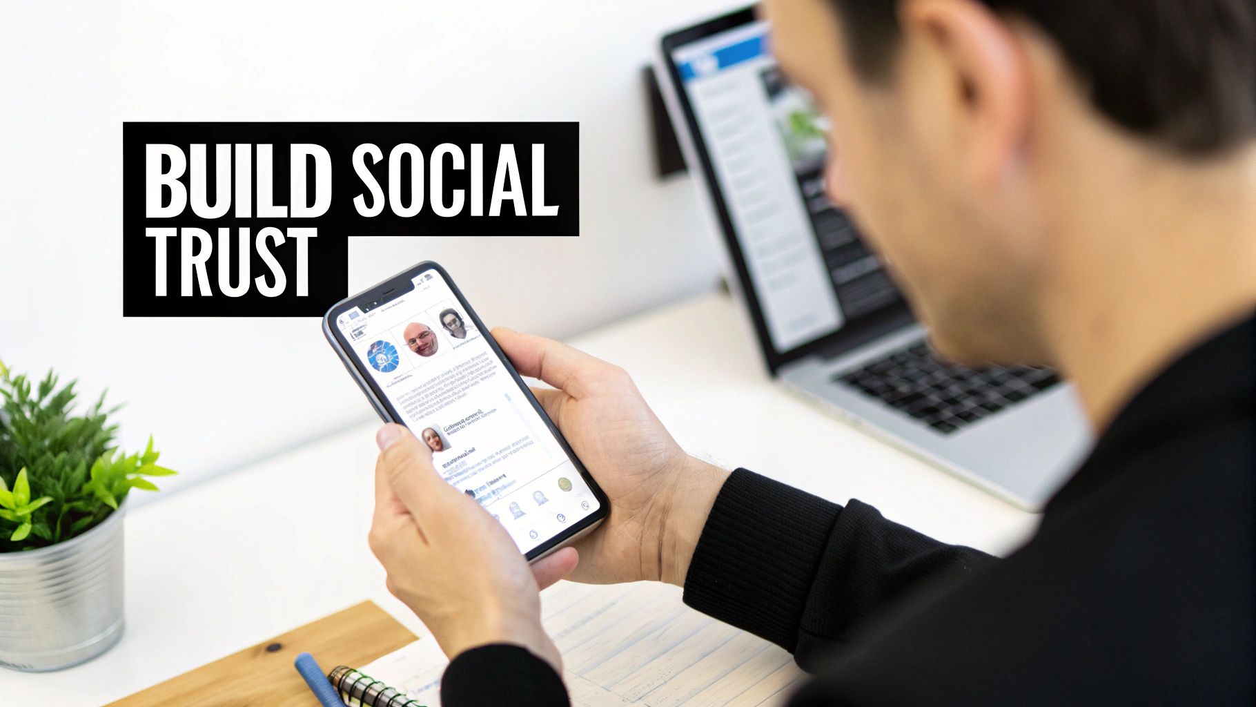 A person holds a smartphone displaying social profiles while looking at a laptop, with text 'BUILD SOCIAL TRUST'.