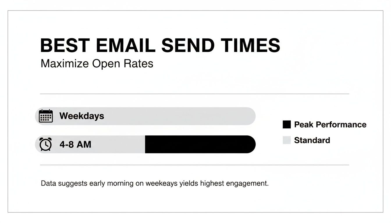 Infographic showing best email send times: weekdays between 4-8 AM for peak open rates.