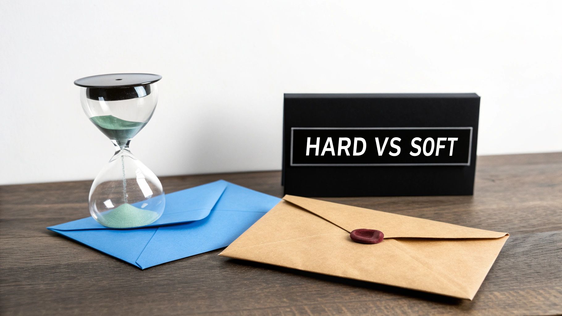An hourglass, a blue envelope, and a sealed brown envelope next to a 'HARD VS SOFT' sign.