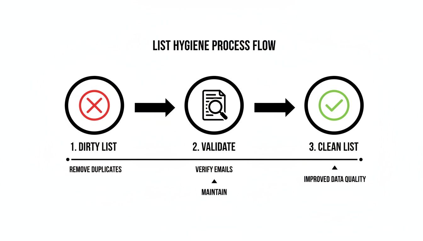 Flowchart illustrating a list hygiene process: dirty list, validation (verify emails), and clean list (improved data quality).