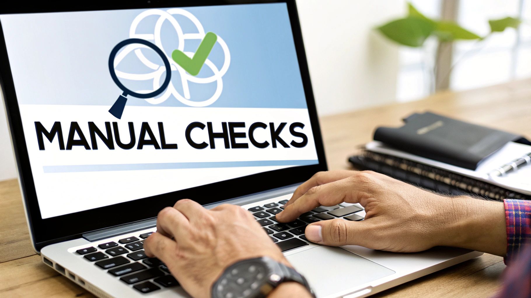 Person typing on a laptop screen displaying 'MANUAL CHECKS' with a magnifying glass icon and green checkmark.