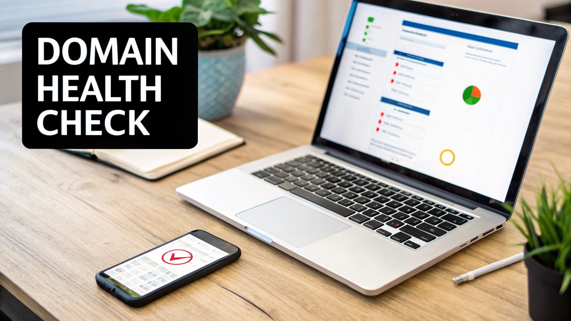 Laptop and smartphone on a wooden desk displaying a 'DOMAIN HEALTH CHECK' and website analytics.