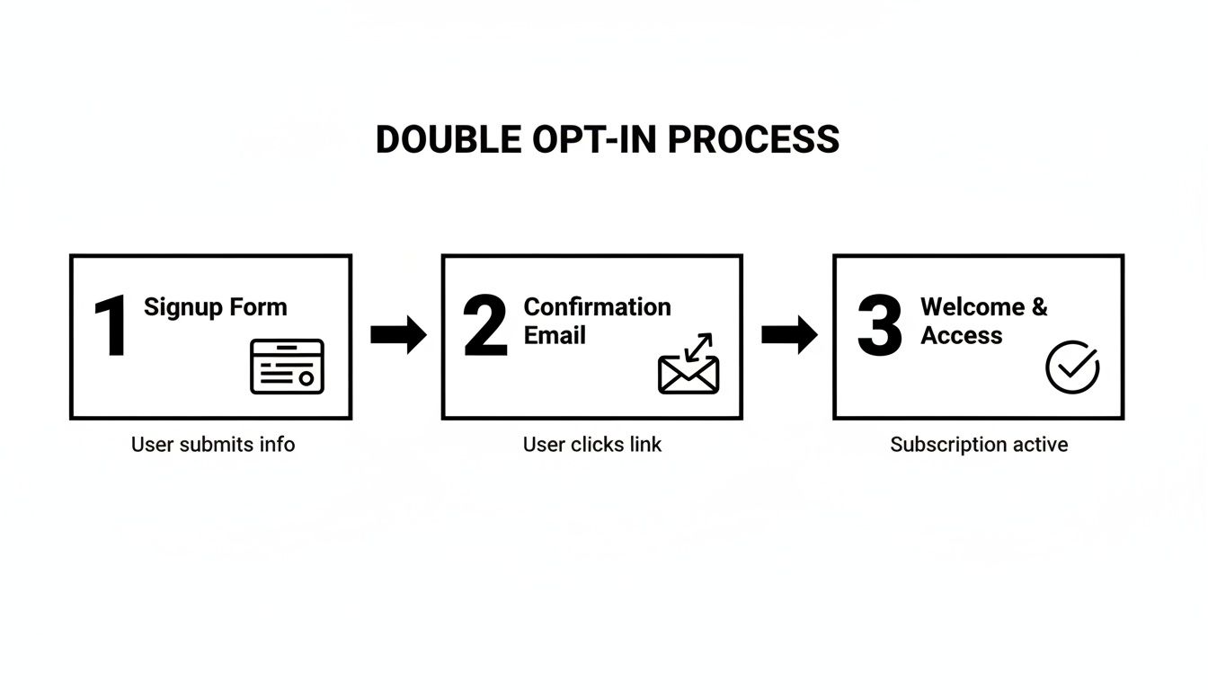 Illustrates the double opt-in process with signup form, confirmation email, and welcome access steps.