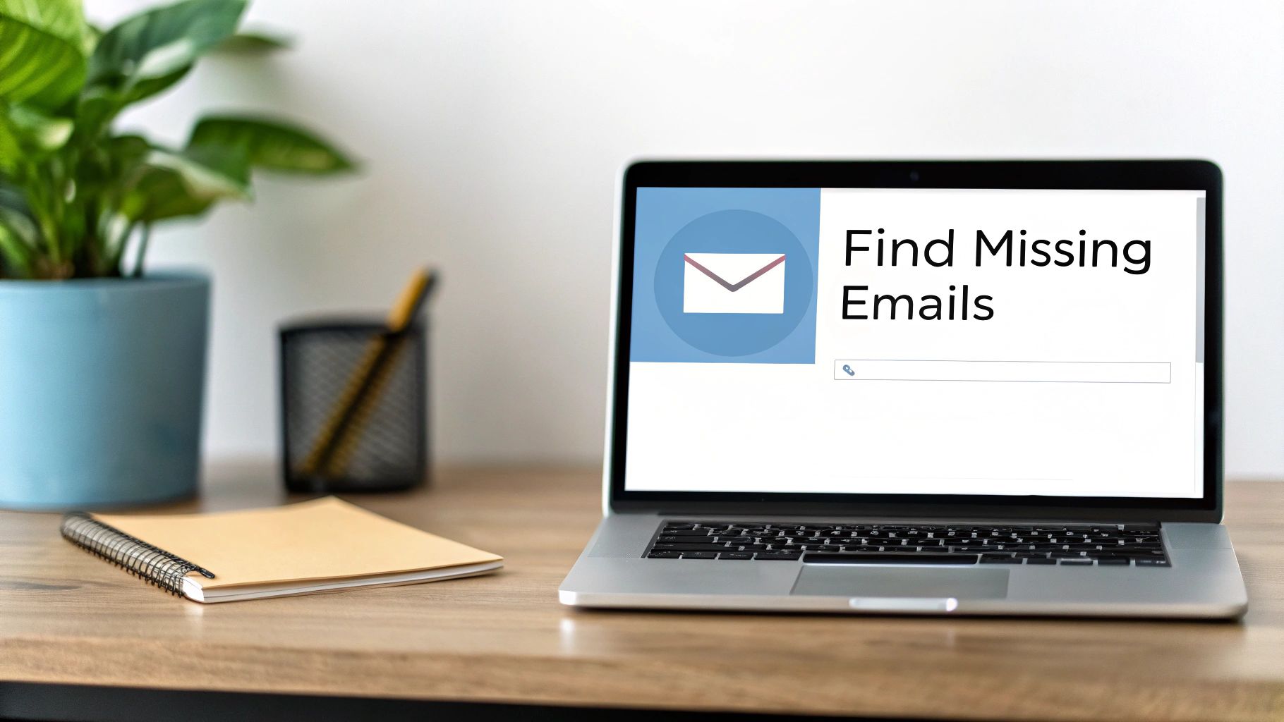Laptop on a wooden desk displaying 'Find Missing Emails' with an email icon, alongside a plant and notebook.