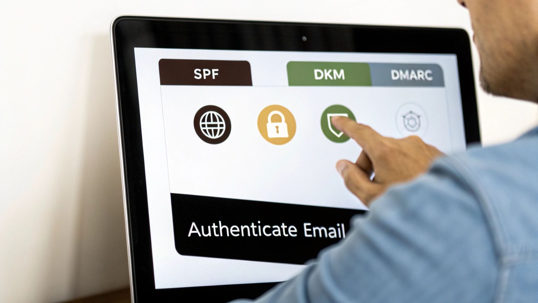 Hand touching a tablet screen displaying email authentication protocols SPF, DKM, DMARC, and security icons.