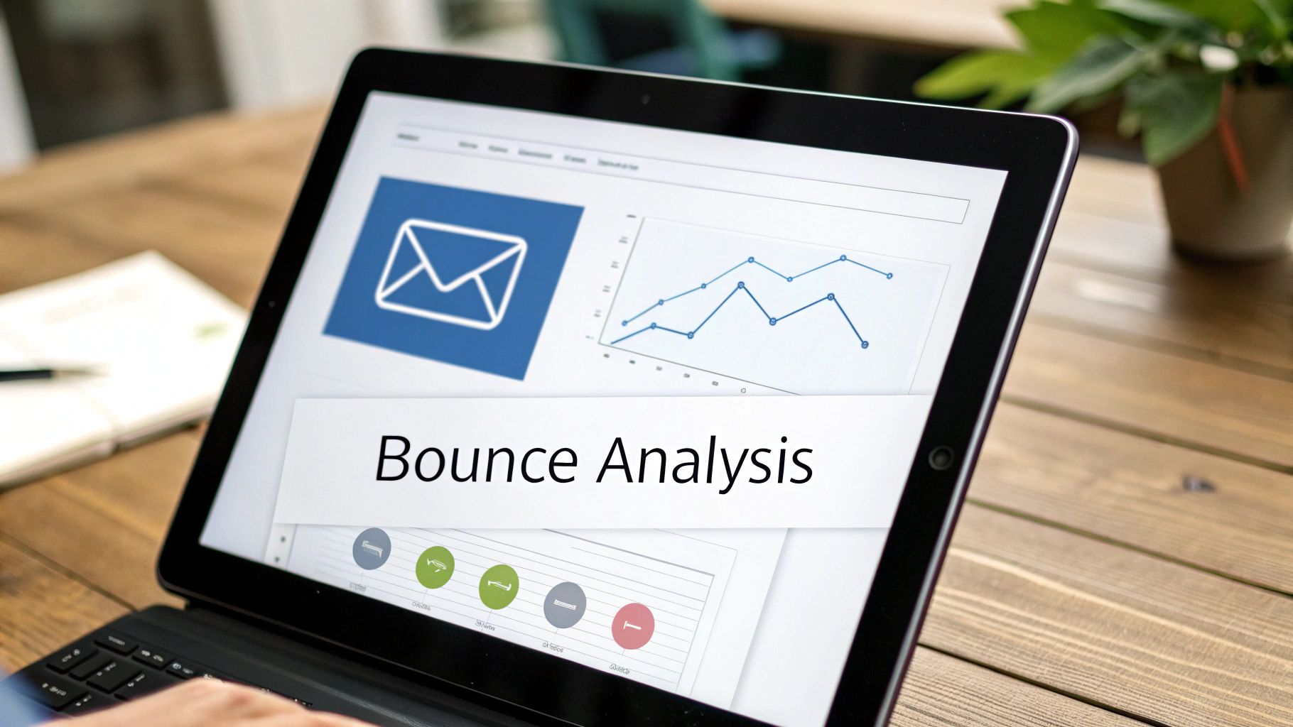 A laptop screen displaying email marketing analytics with 'Bounce Analysis' text, an email icon, and a line graph.