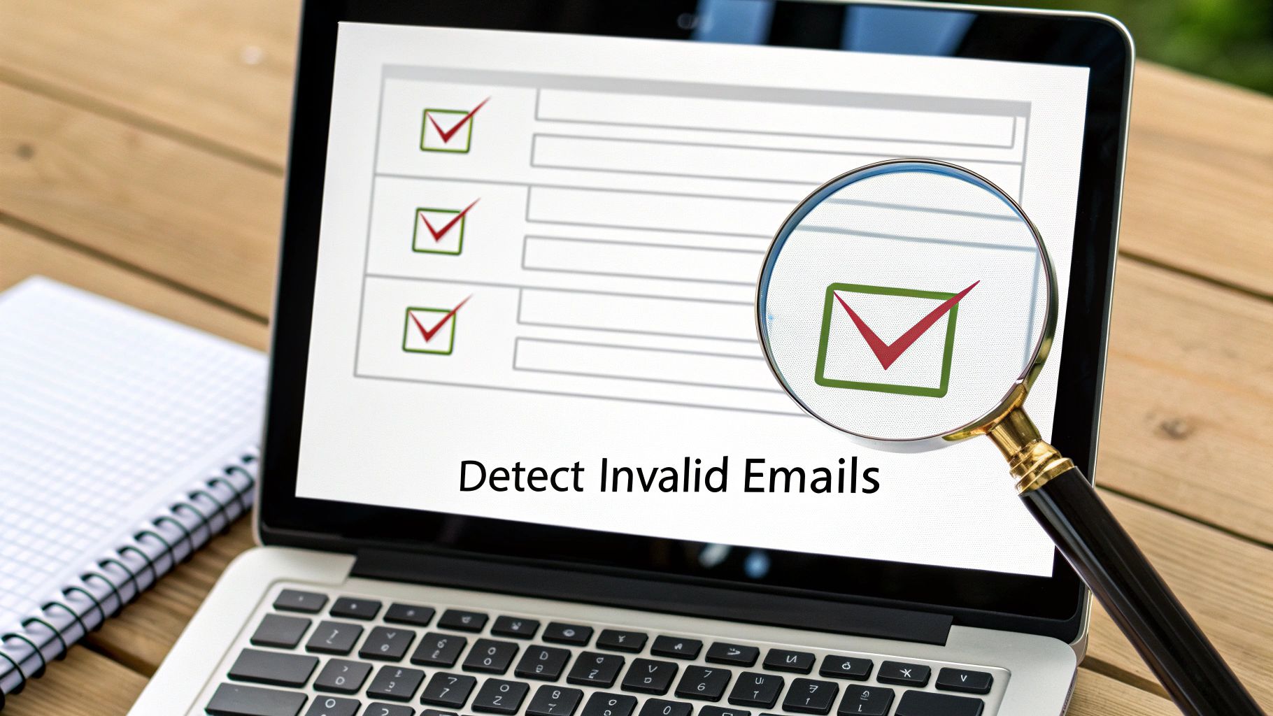 A digital interface showing a list of emails being scanned, with green checkmarks for valid addresses and red X's for invalid ones.