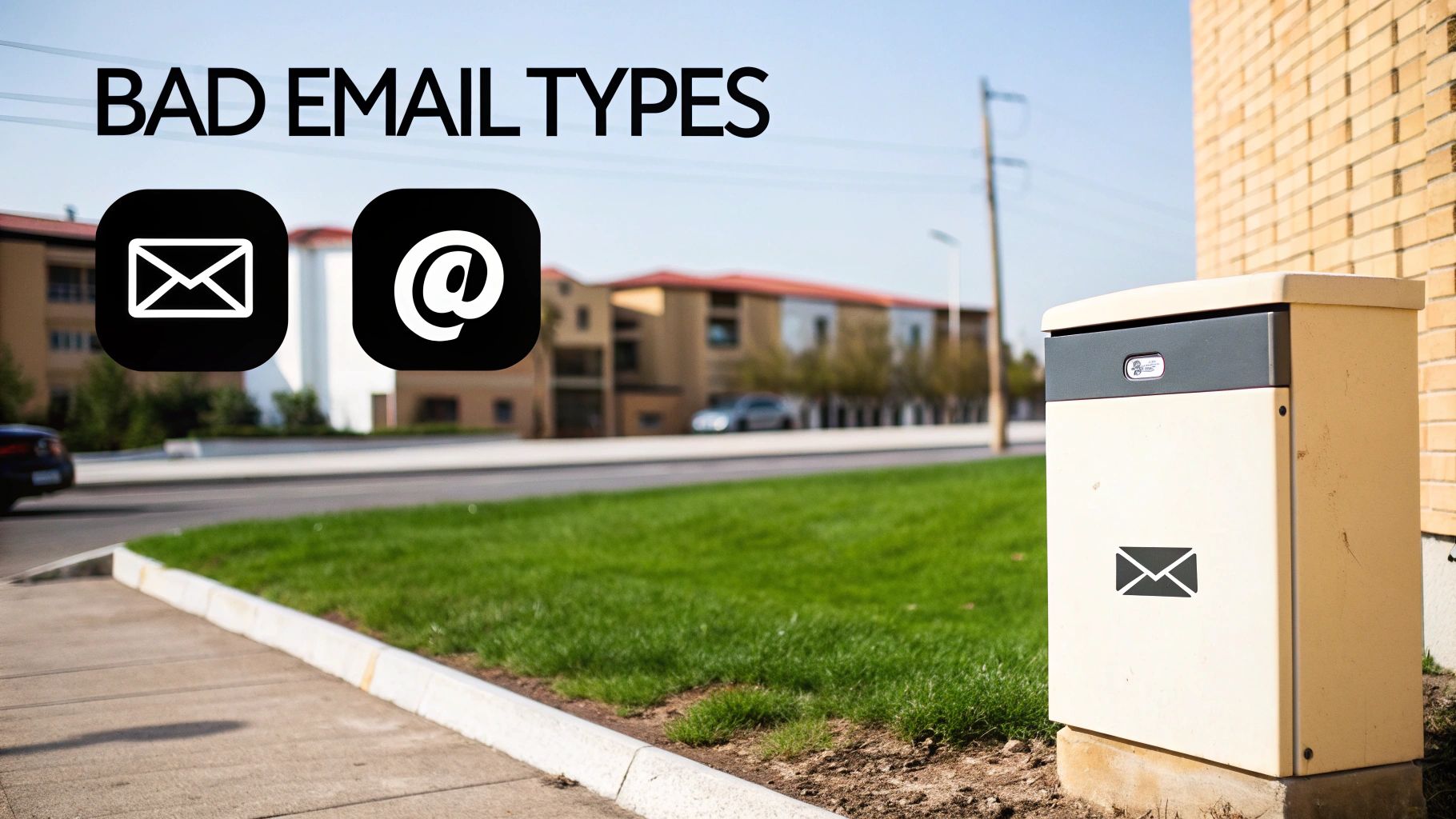 Text 'BAD EMAIL TYPES' with email and at-symbol icons next to a mailbox.