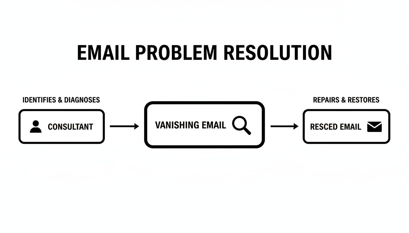 Flowchart showing email problem resolution: a consultant identifies and diagnoses vanishing emails, leading to their repair and restoration.