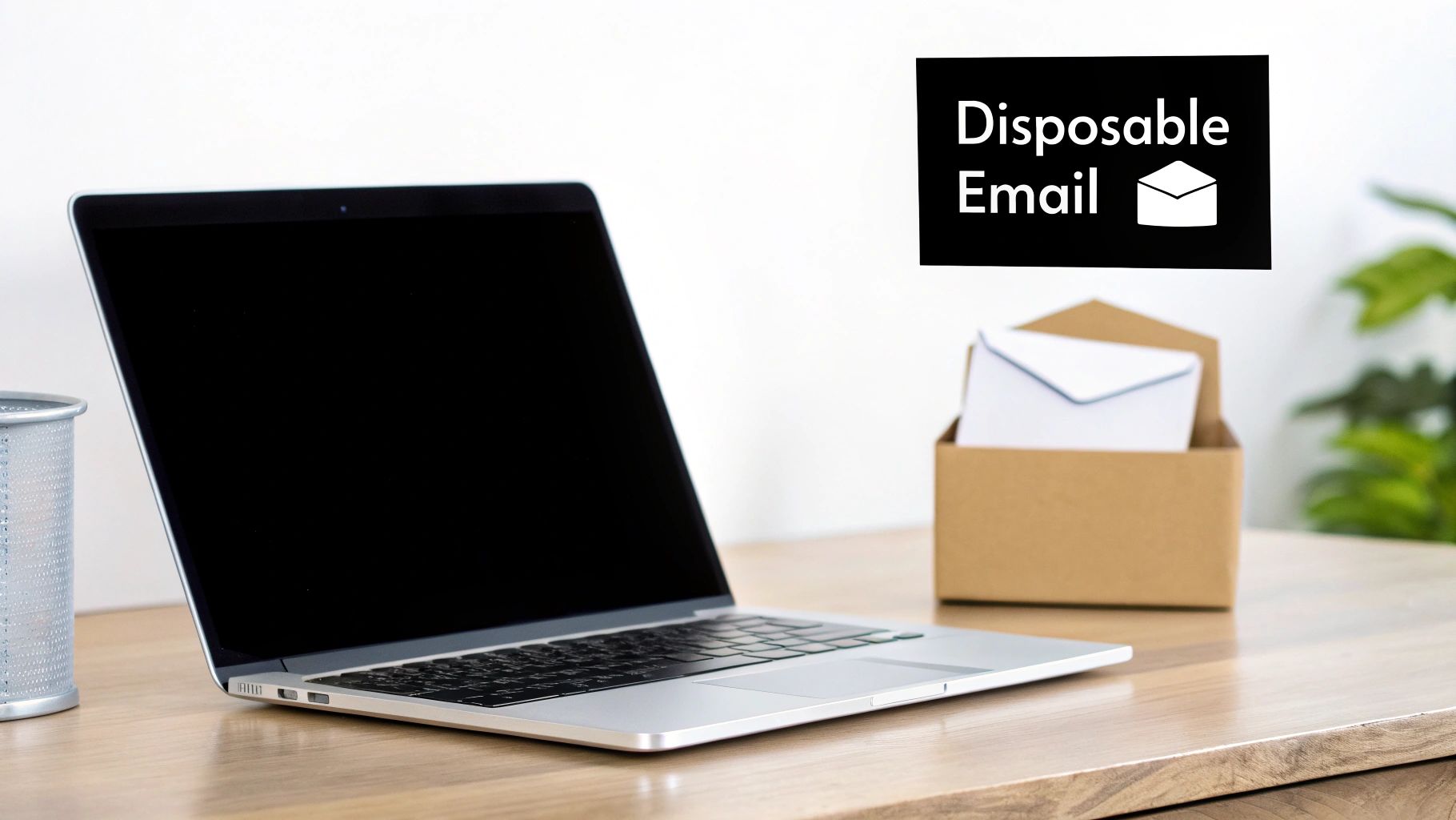 A person using a laptop with a shield icon, symbolizing the privacy protection offered by disposable email addresses.