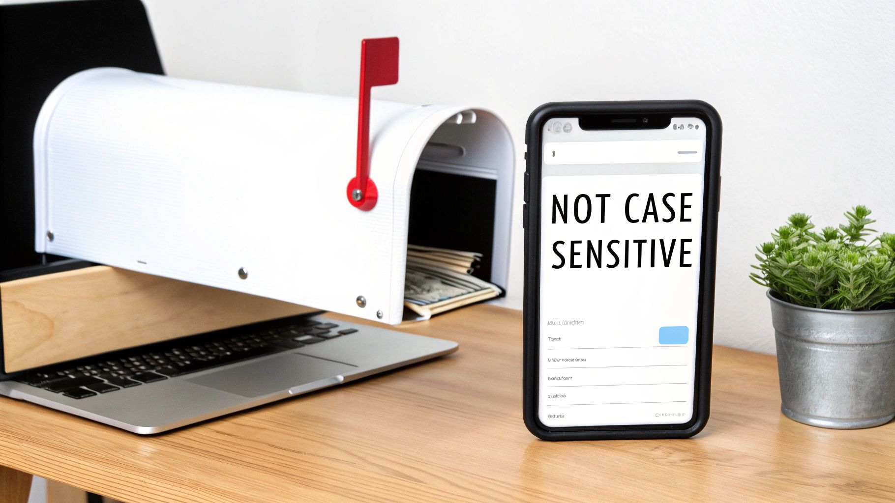 A work desk with a laptop, a mailbox containing cash, and a smartphone showing 'NOT CASE SENSITIVE'.