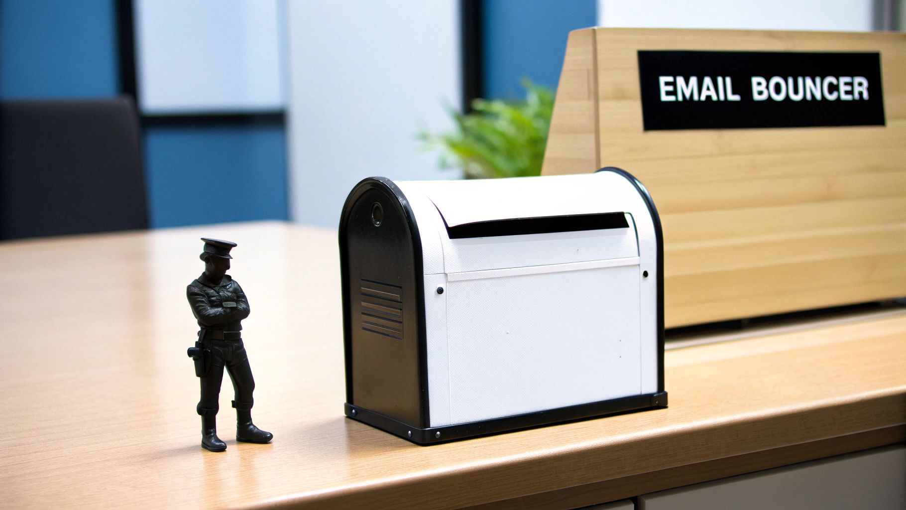 A figurine of a bouncer stands next to a mailbox-like device with an 'EMAIL BOUNCER' sign.