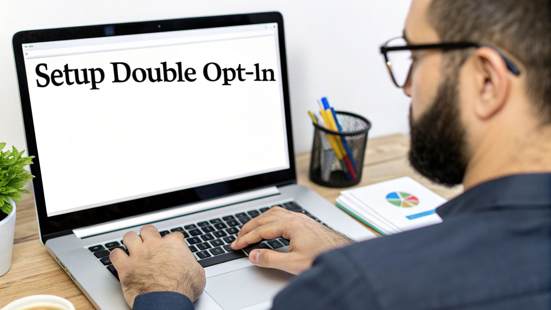 Bearded man typing on a laptop, with 'Setup Double Opt-In' displayed on the screen.