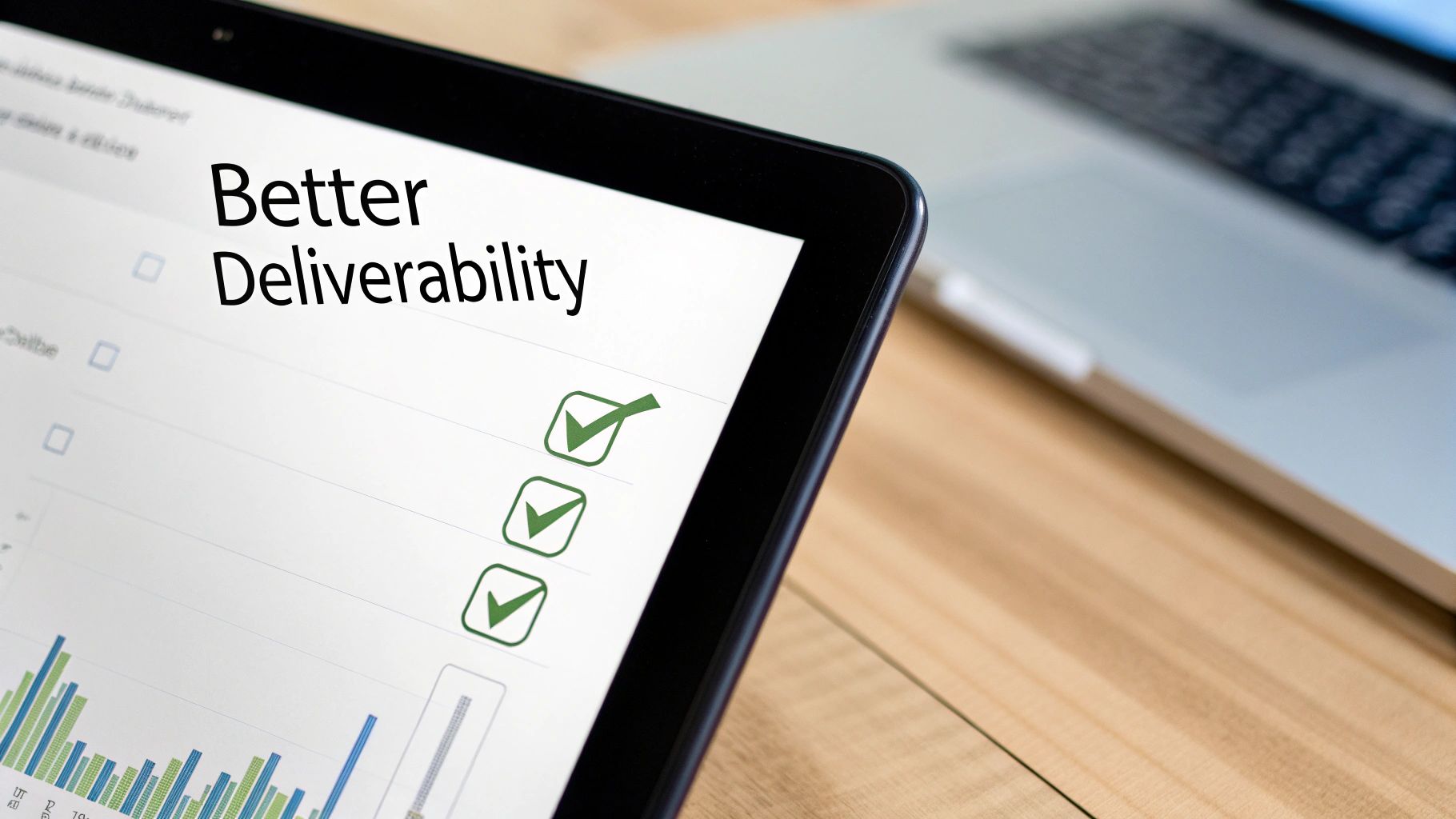 A tablet screen displaying 'Better Deliverability' text, three green checkmarks, and a bar graph, on a wooden desk with a laptop.
