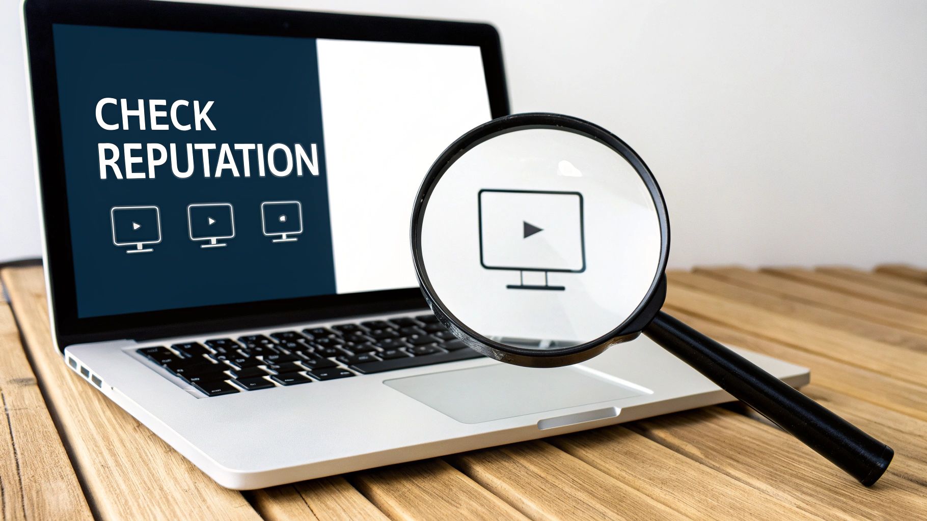A laptop screen displays 'CHECK REPUTATION' with video stream icons, magnified by a large magnifying glass.