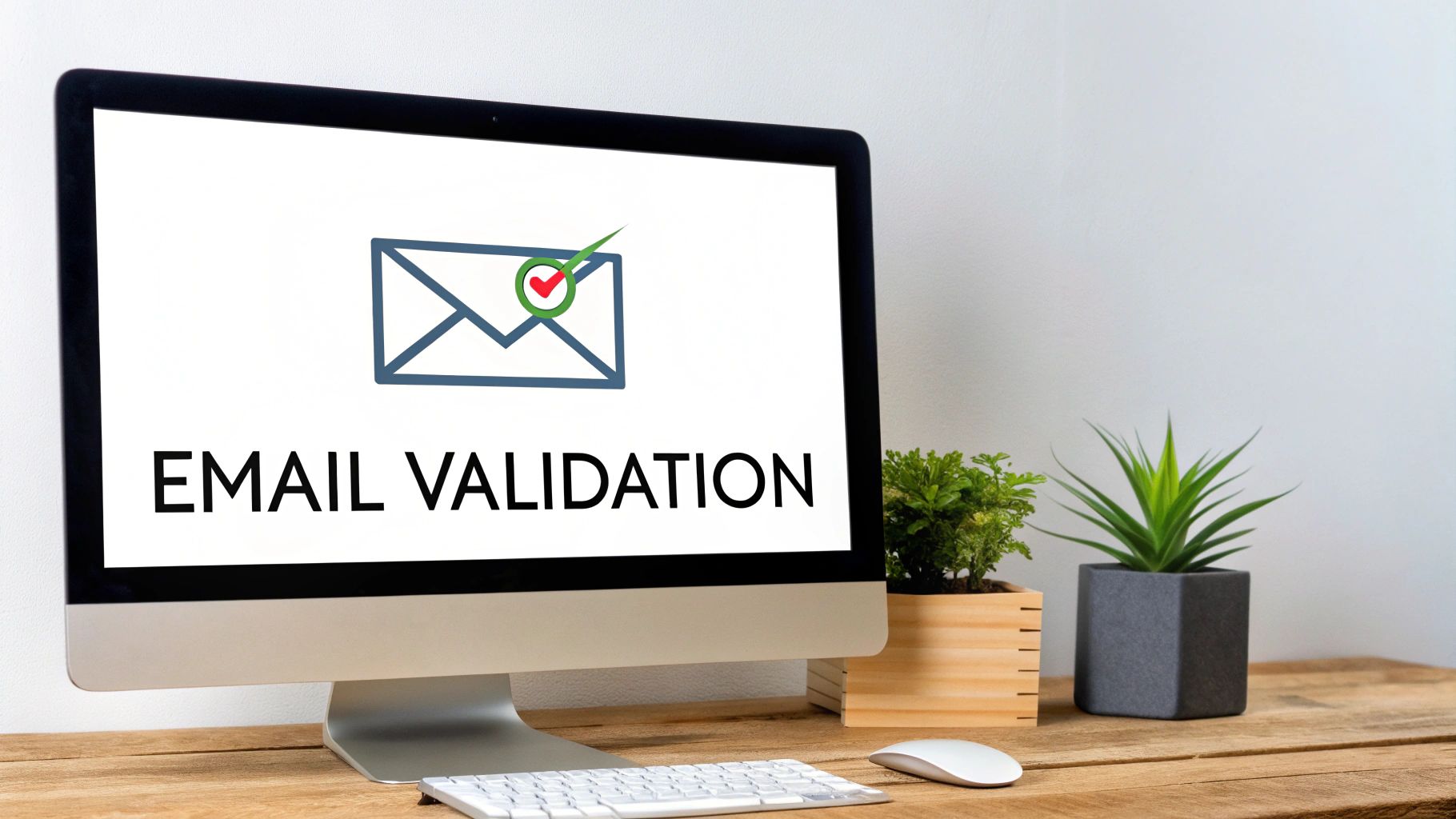 A computer monitor shows 'EMAIL VALIDATION' with an envelope and a checkmark, on a wooden desk with plants.