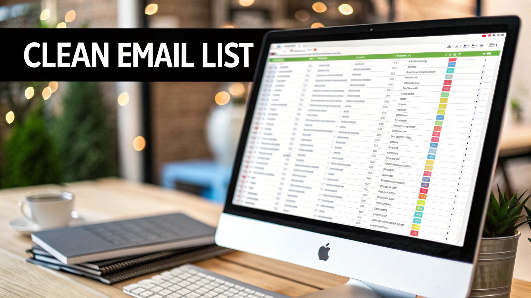 A computer screen displaying a meticulously organized clean email list on a professional desk setup.