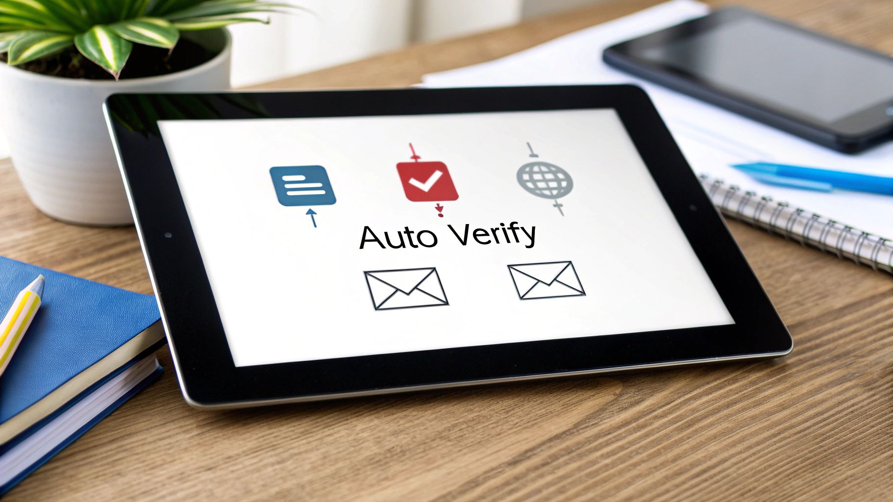 A tablet displays Auto Verify text with icons for document, checkmark, and email on a wooden desk.