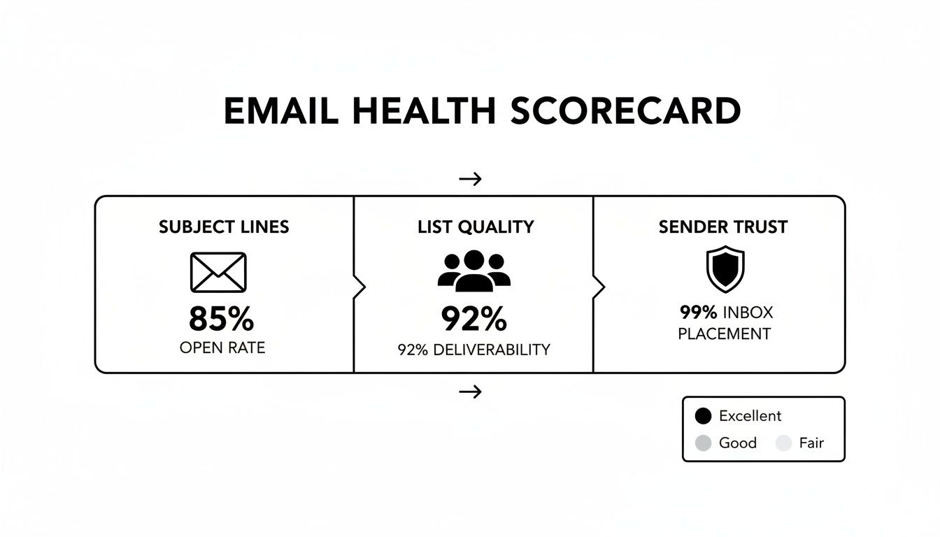 Email health scorecard displaying key metrics: 85% open rate, 92% deliverability, and 99% inbox placement.