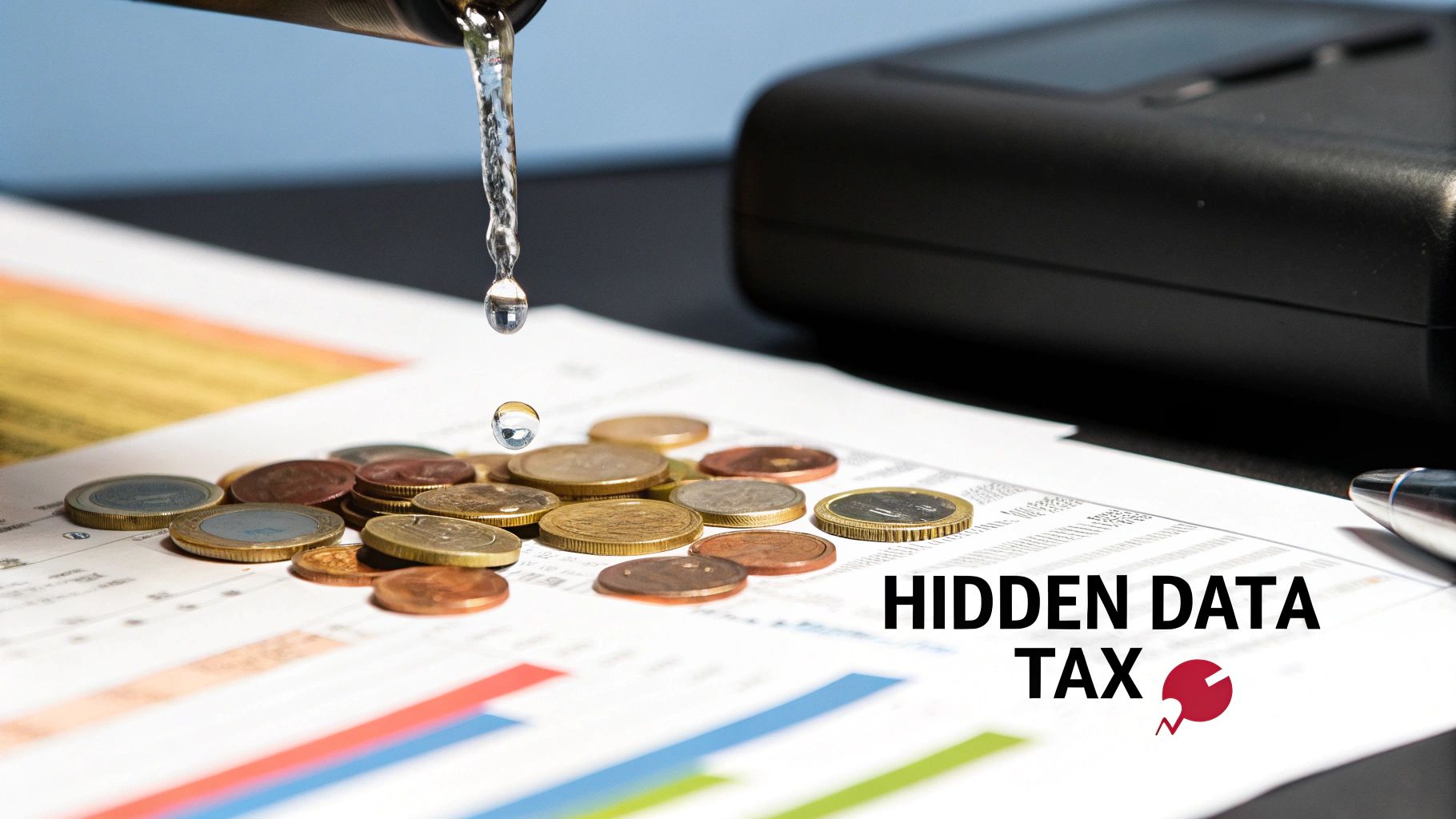 Water dripping from a faucet onto coins on financial charts, illustrating a 'HIDDEN DATA TAX'.