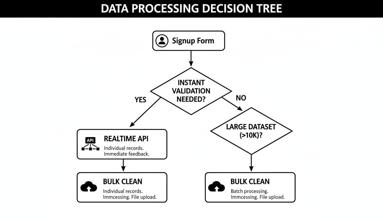 Flowchart illustrating a data processing decision tree for signup forms, covering validation and cleaning.