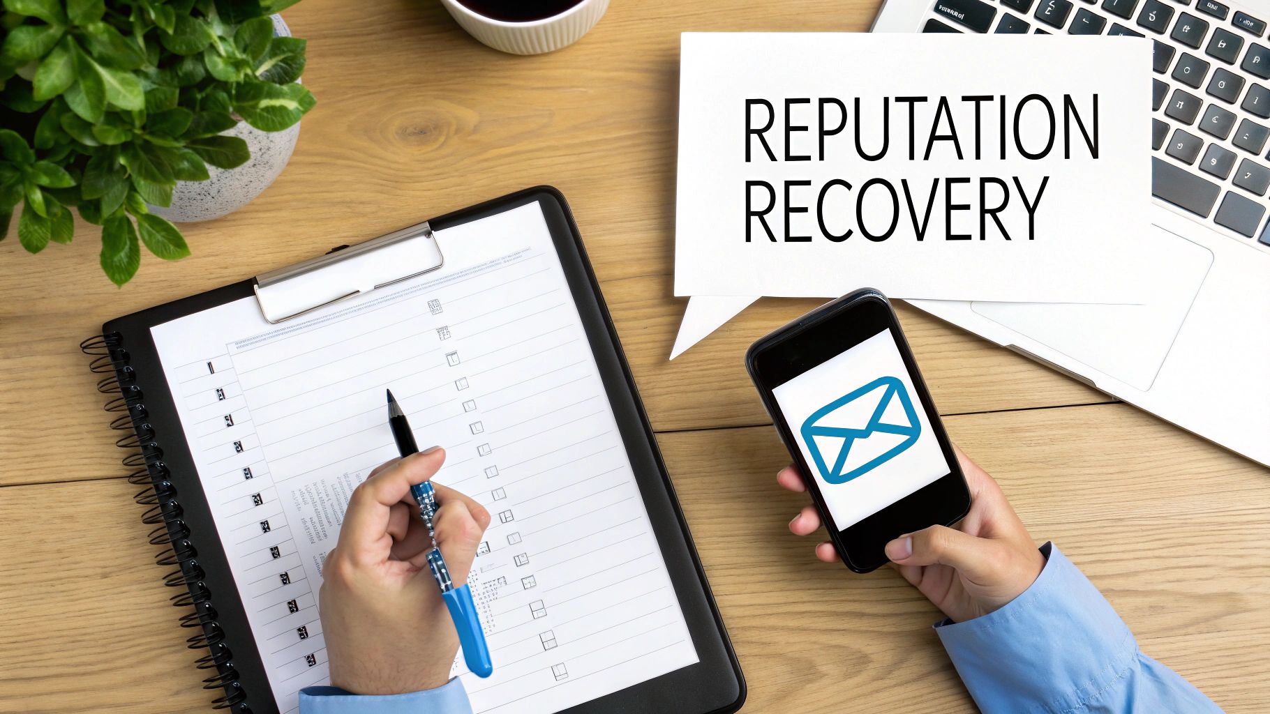 A person writing notes and holding a phone with an email icon, with 'REPUTATION RECOVERY' text.