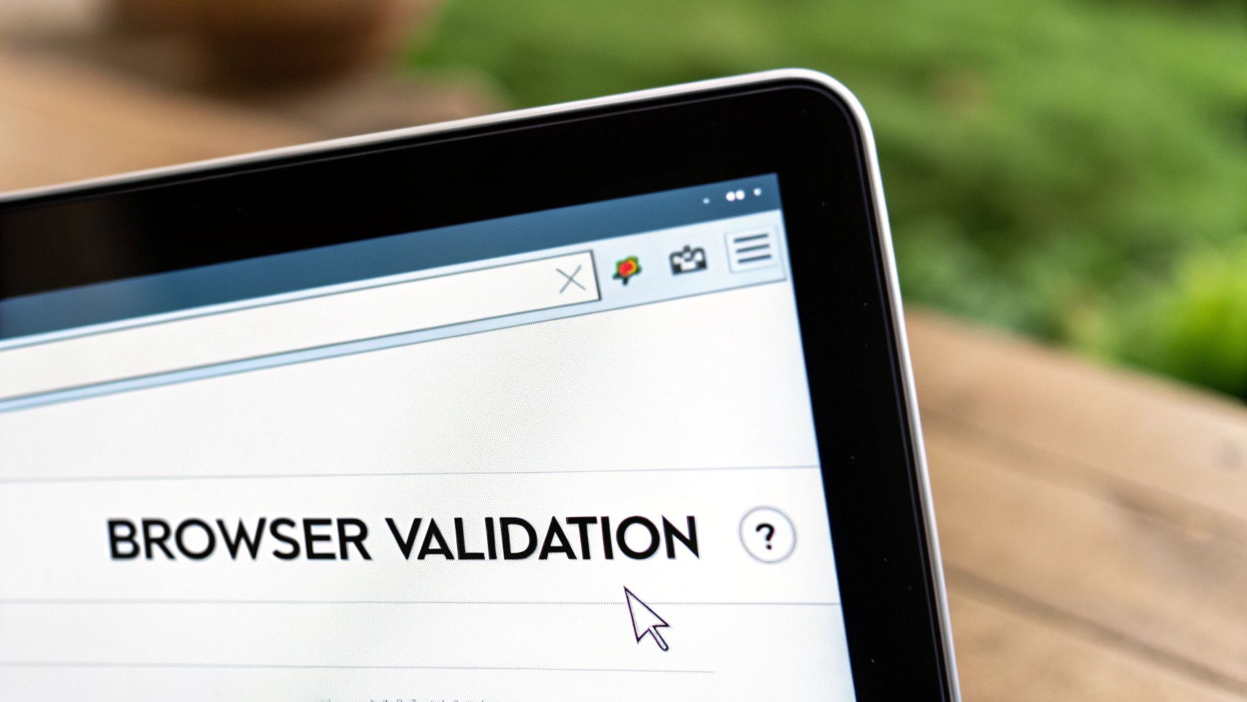 A close-up of a laptop screen displaying 'Browser Validation' text within a web browser, with a cursor.