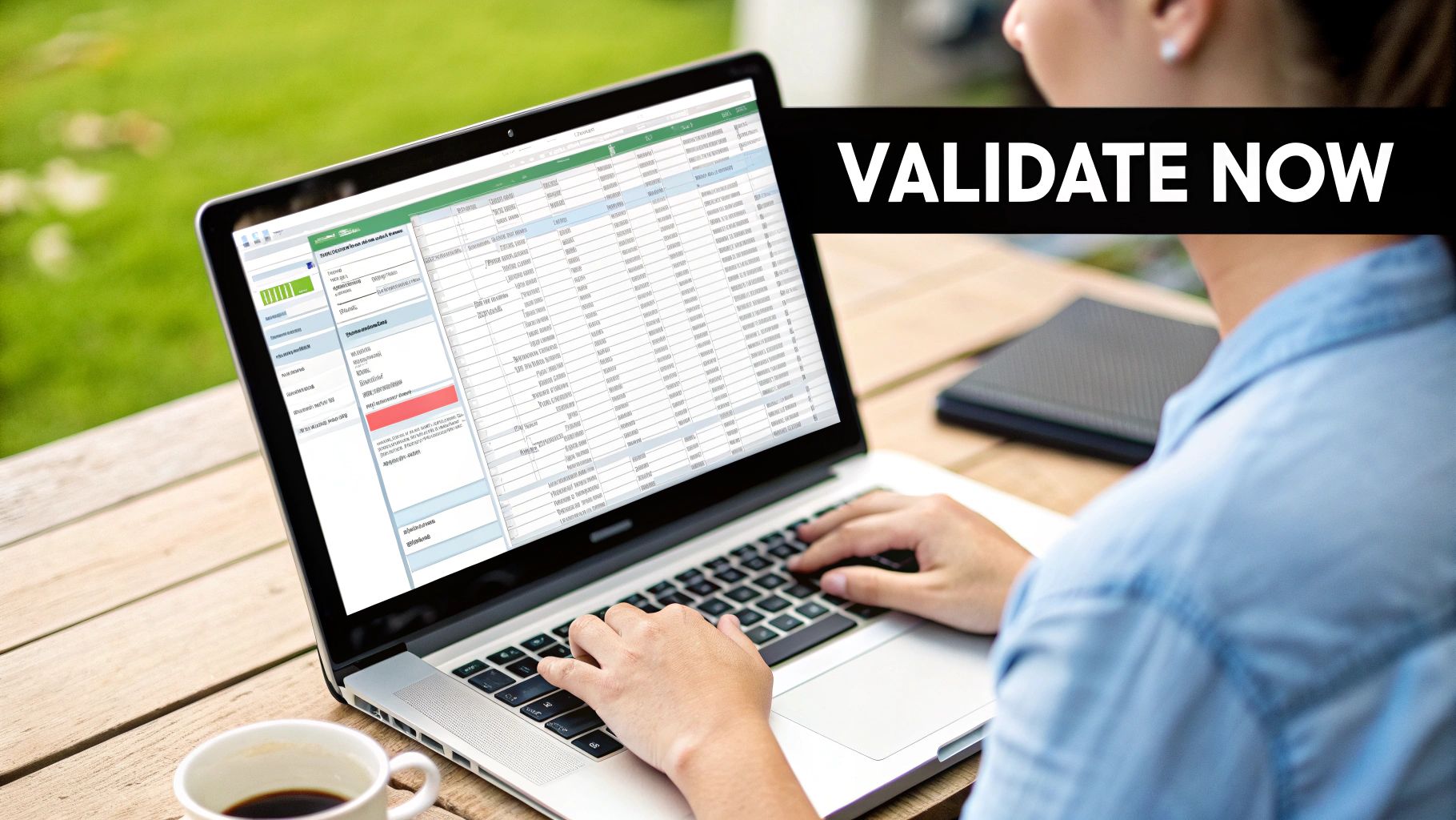 A person works on a laptop outdoors, displaying data and 'VALIDATE NOW' text, next to coffee.
