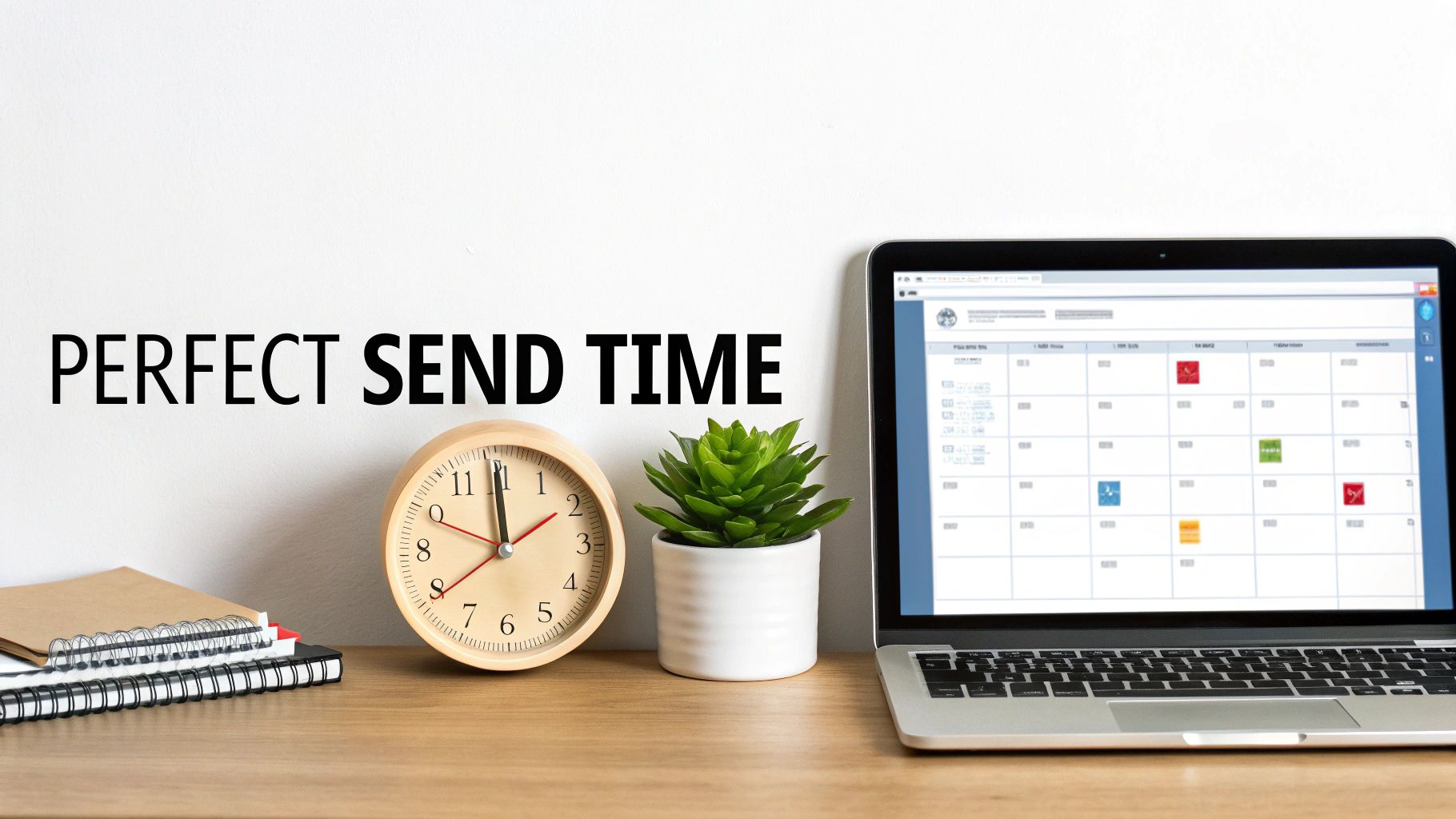 A modern workspace with a clock, plant, notebooks, and laptop displaying a calendar, with 'PERFECT SEND TIME' text.