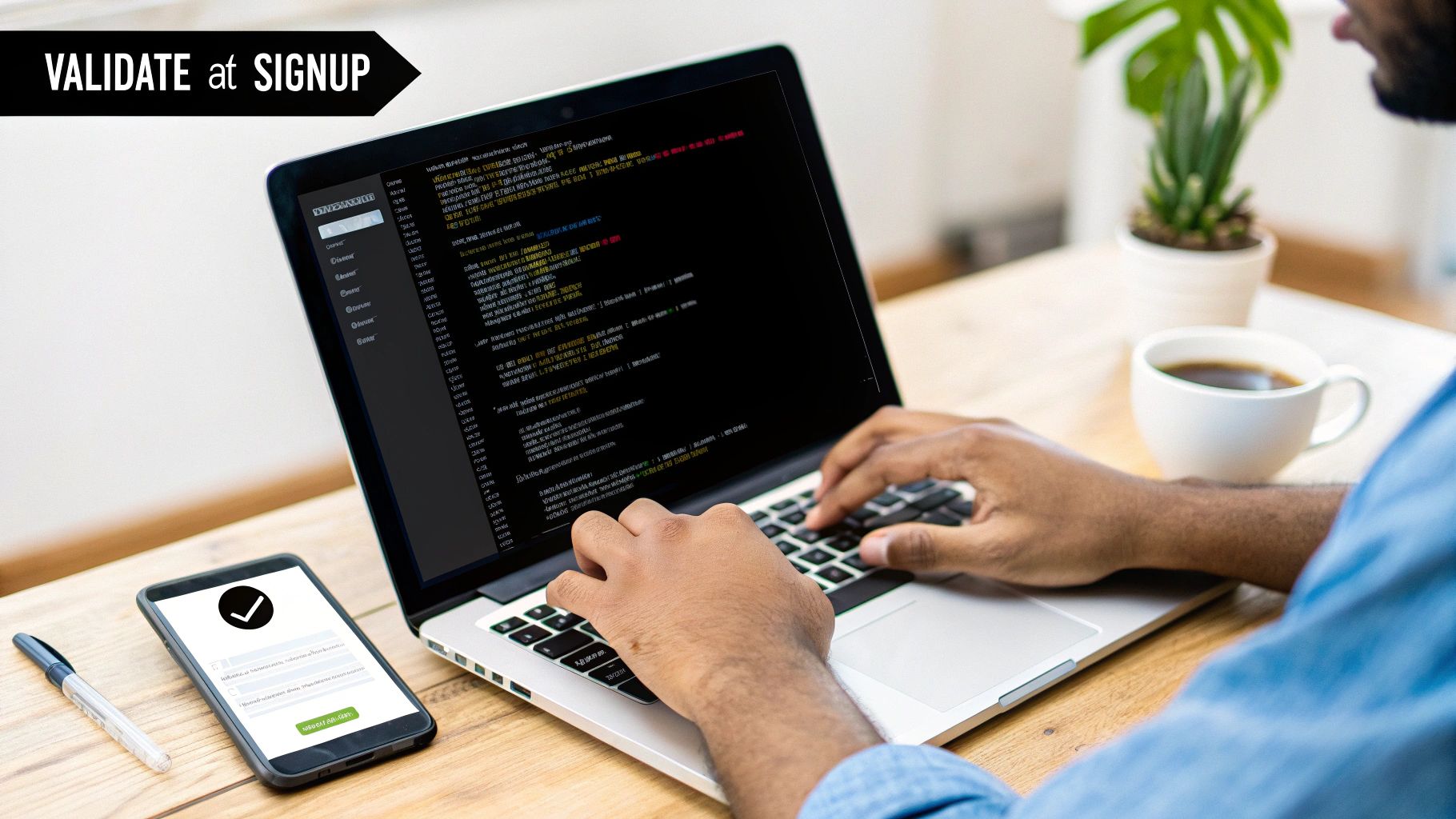 A person types on a laptop displaying code, with a smartphone showing signup validation.