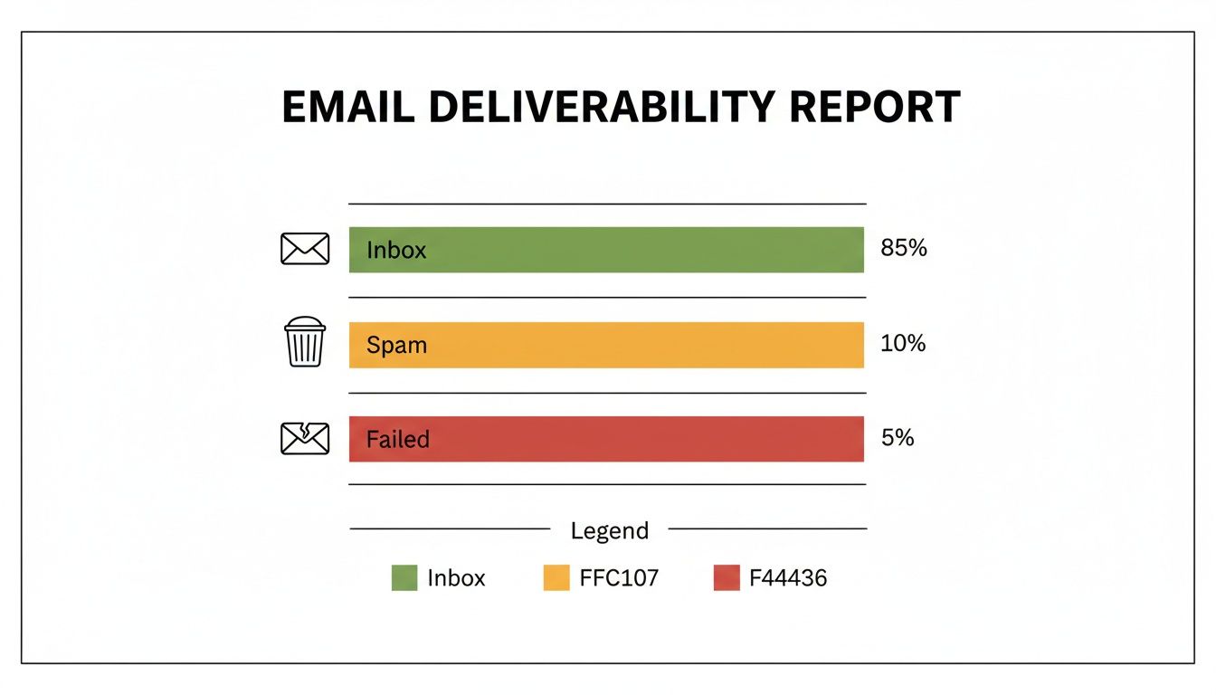 An email deliverability report showing 85% inbox, 10% spam, and 5% failed emails.
