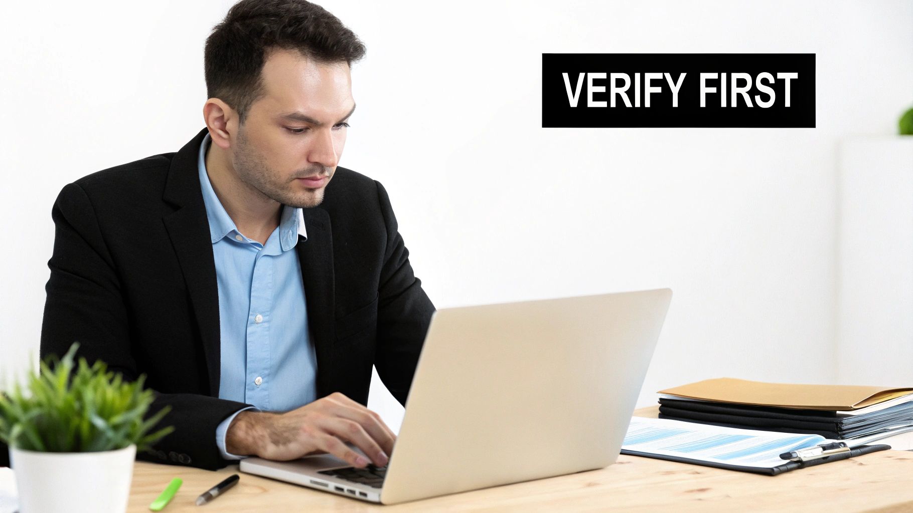 A focused man in a suit jacket working on a laptop at a desk with a 'VERIFY FIRST' sign.