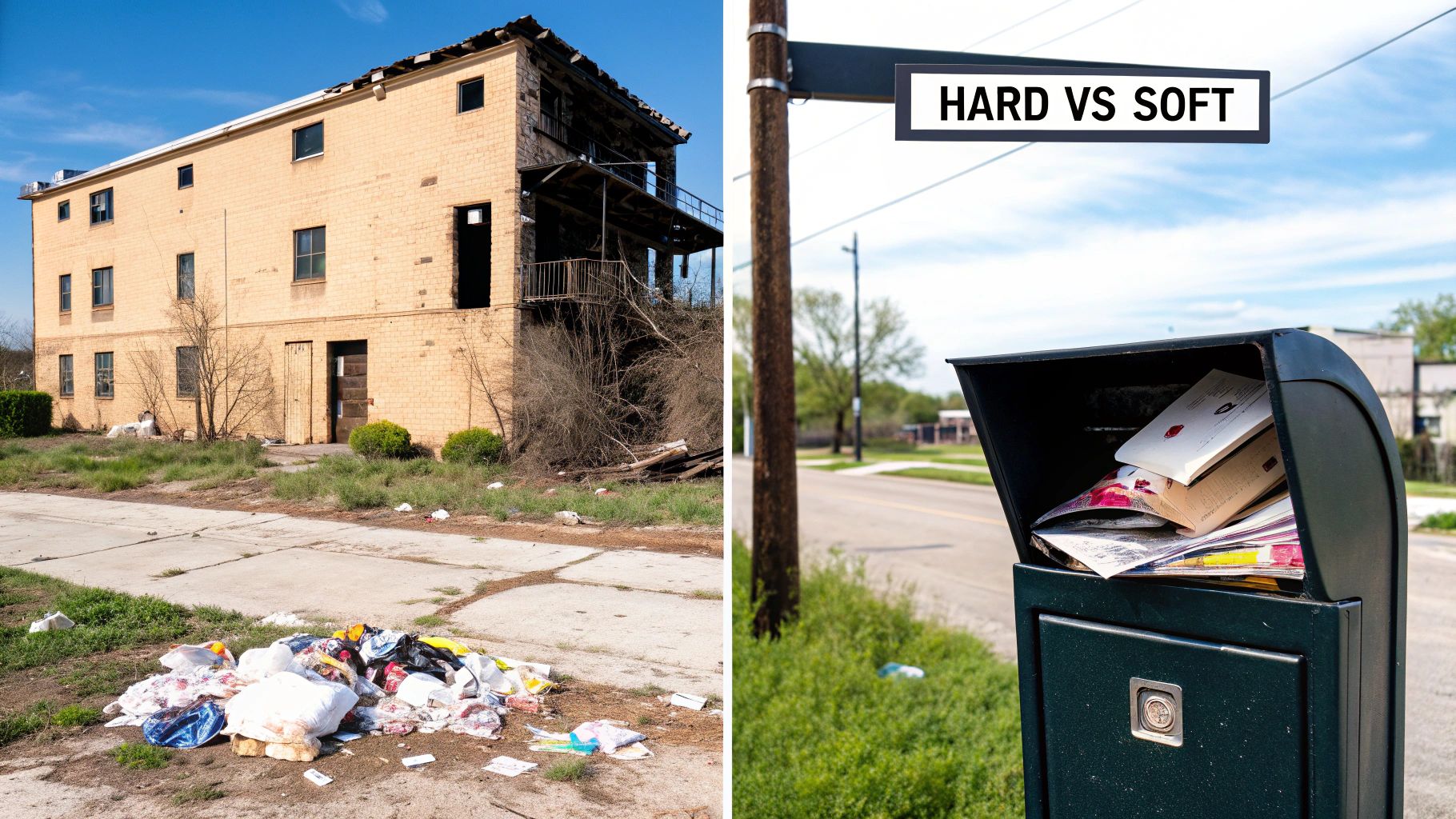 A postman looking at two mailboxes, one open and one boarded up, representing soft and hard bounces