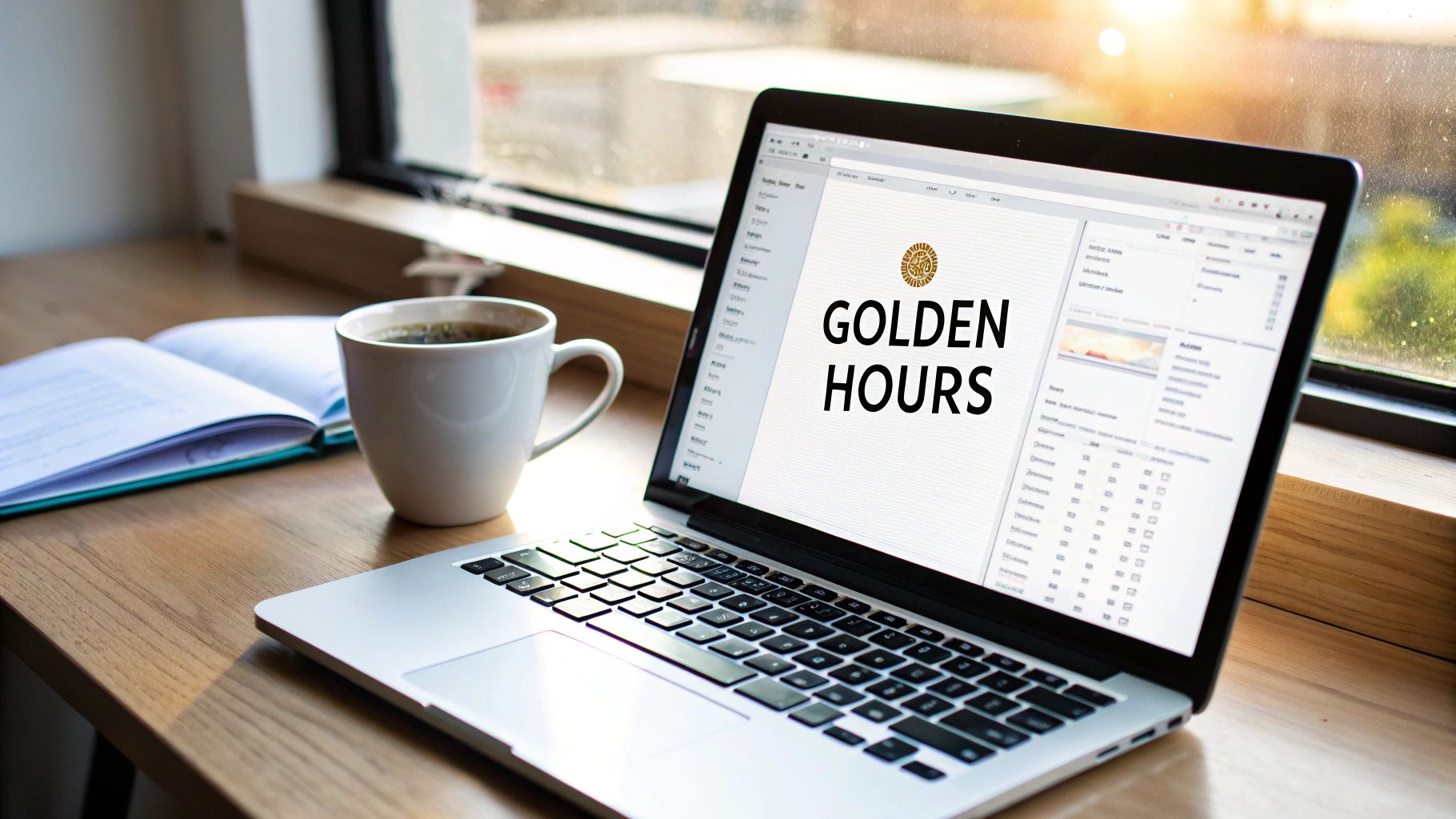 A laptop displaying 'GOLDEN HOURS' on screen, a coffee mug, and an open book on a wooden desk by a window.