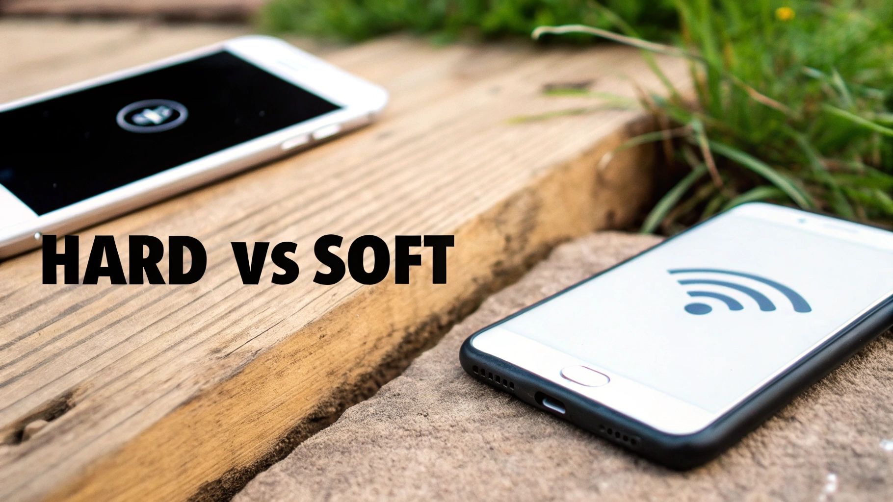 Two smartphones displaying connectivity icons on wooden surface illustrating hard versus soft bounce concepts