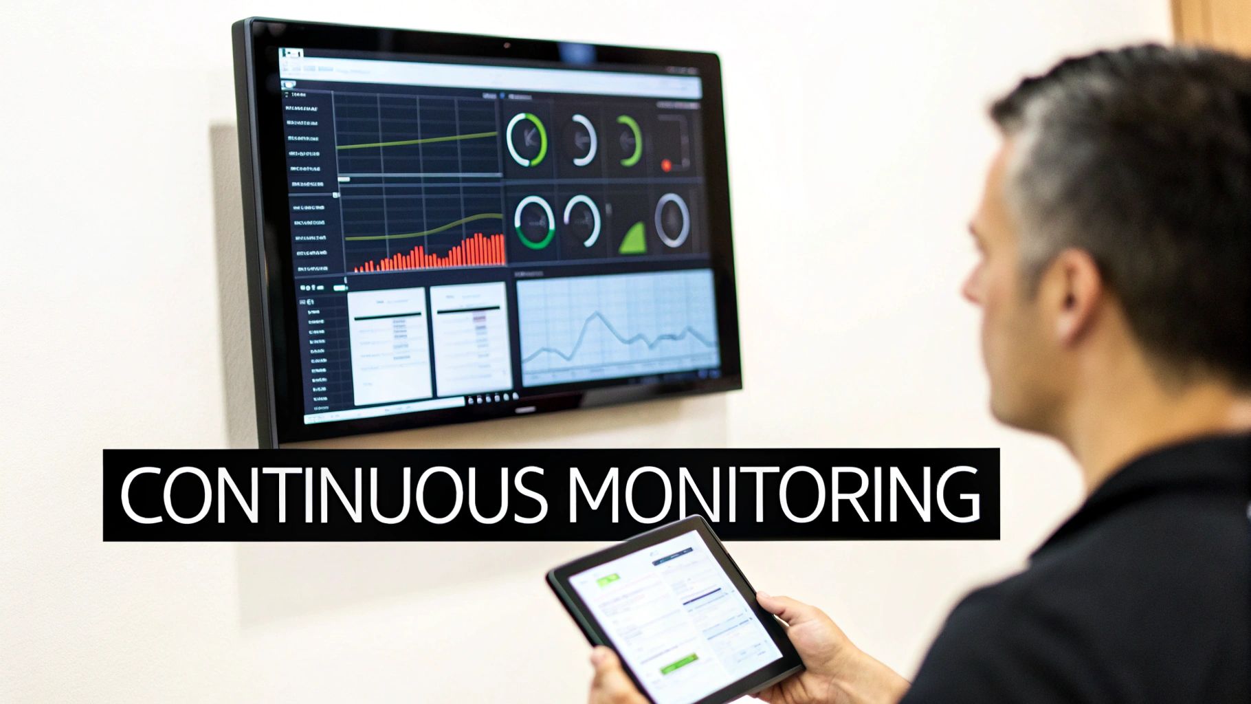A man continuously monitors data on a large wall-mounted screen and a tablet.