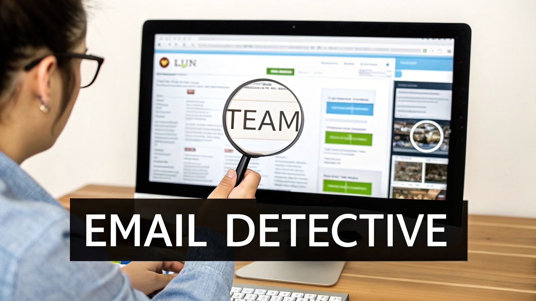 A person views a computer screen, holding a magnifying glass over the word 'TEAM', with 'EMAIL DETECTIVE' overlay.