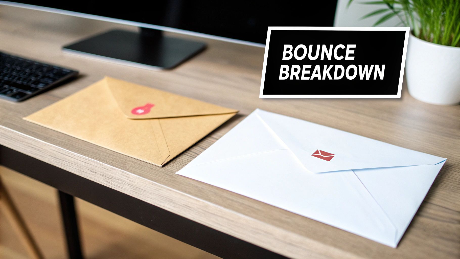 Bounce breakdown concept with two envelopes on wooden desk beside laptop and plant