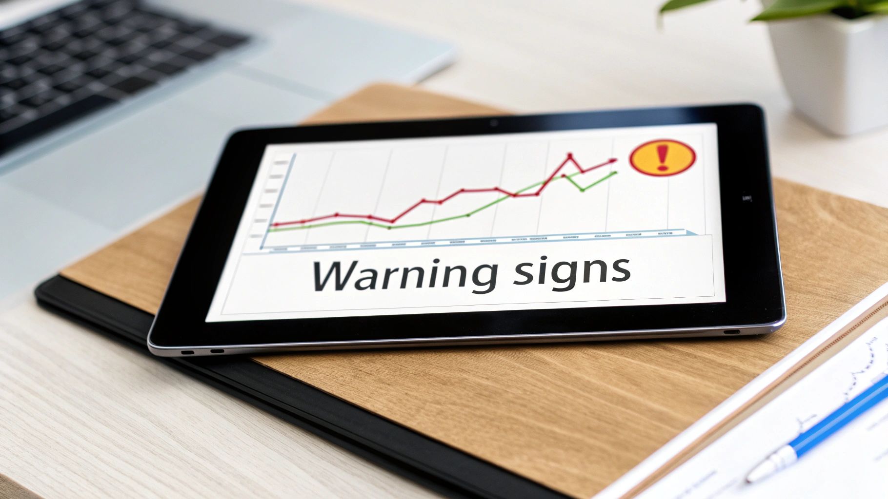 A tablet displays a graph titled 'Warning signs' with upward trending lines and an exclamation mark.