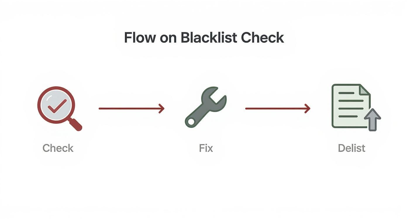 Three-step workflow diagram showing blacklist check process: magnifying glass for check, wrench for fix, document for delist