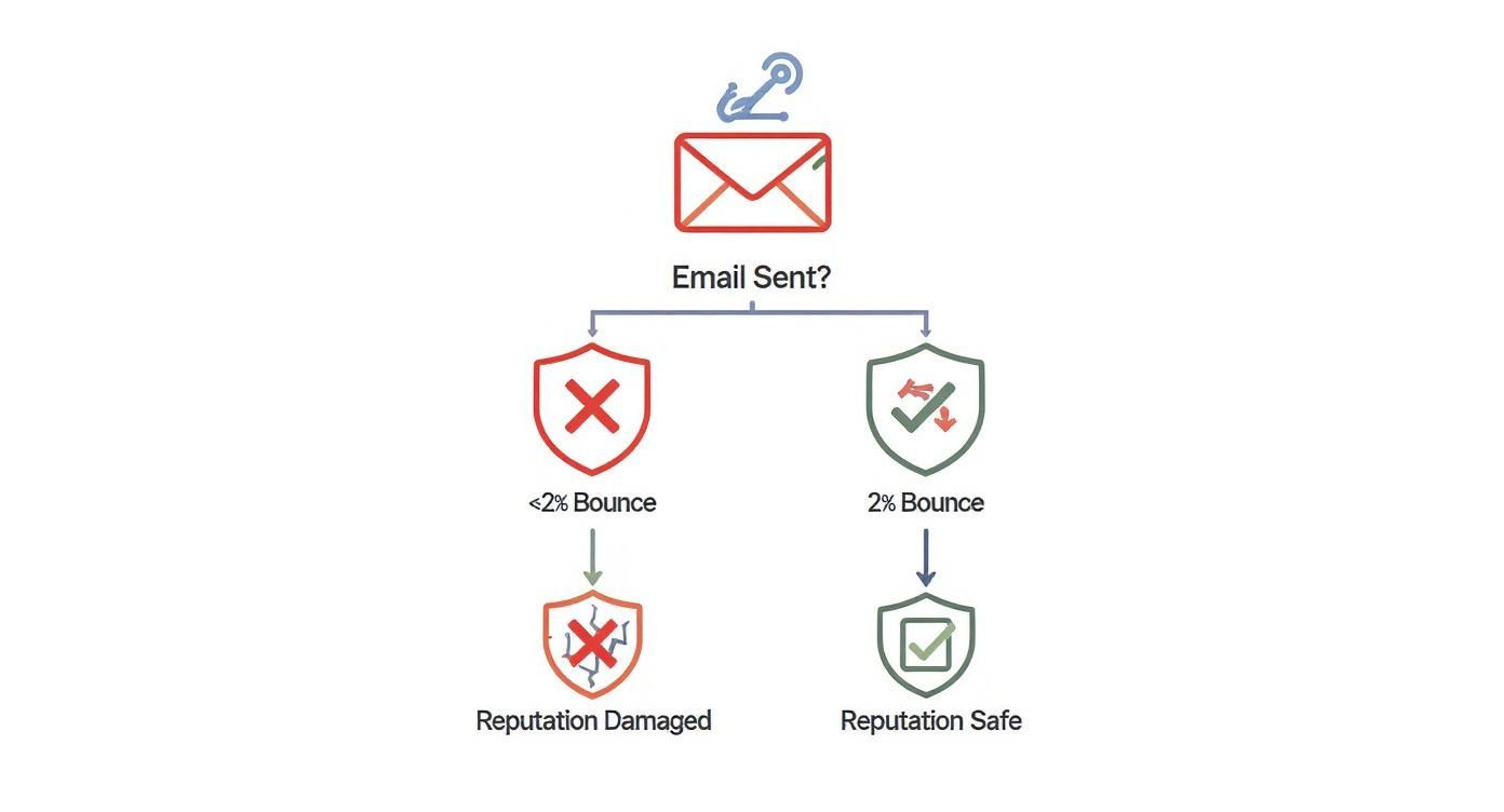 Email bounce rate flowchart showing reputation damage under 2% and safety above 2% bounce rates